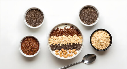 An overhead shot displays various superfood seeds grains and nuts arranged in small bowls and a larger