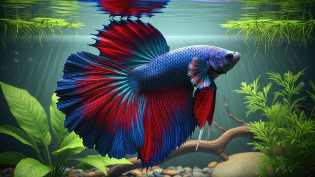 Vibrant Red and Blue Betta Fish Swimming.