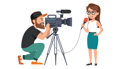 A camera crew capturing an interview with a female journalist on location