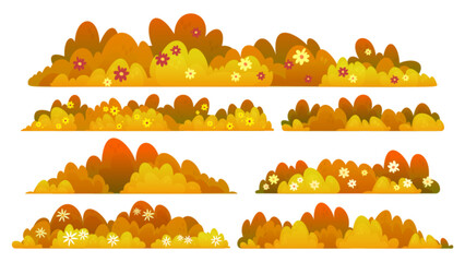 Obraz premium Autumn set of bush and grass with flowers isolated on white background. Vector cartoon illustration of yellow and orange garden plants, fall park vegetation, decorative field nature design elements