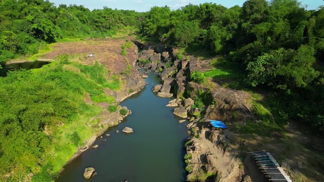 Daylight aerial landscape of Bucal Tulay Maragondon Cavite Philippines revealing river rock formations.
