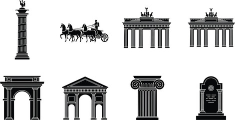 Naklejka premium Set of Black Silhouette Icons of Ancient Roman and Greek Architecture Elements Including Triumphal Arches Columns Chariots and Iconic Landmarks