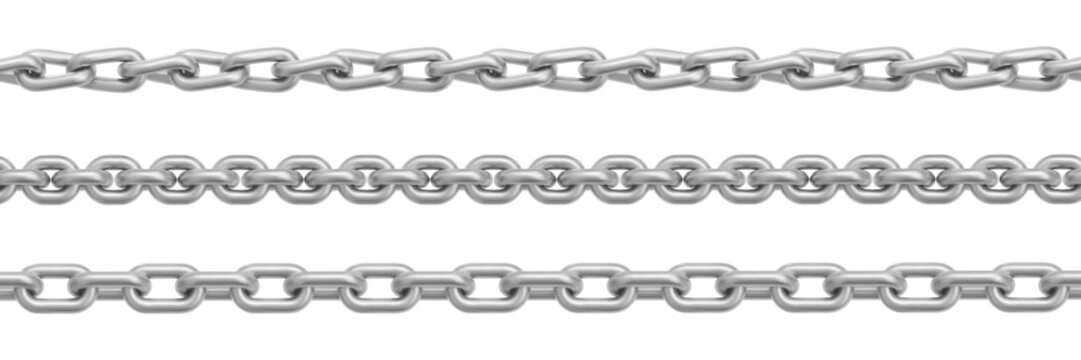 Silver chain links, seamless metal pattern with realistic steel texture, vector set isolated on white background. Jewelry design, necklace illustrations, iron border elements, frame collection