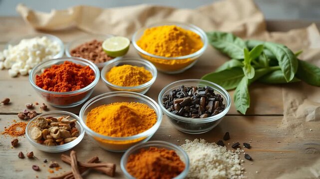 Assorted spices in bowls on wooden table with fresh herbs and lime  