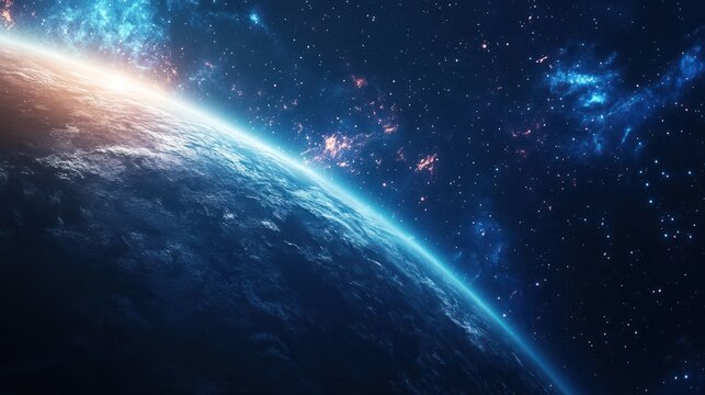 A vibrant celestial scene with planet, light, nebulas, and stars filling the dark space