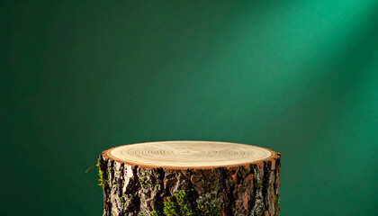 Fototapeta premium Natural Wood Slice Podium with Moss and Green Background with Dramatic Lighting