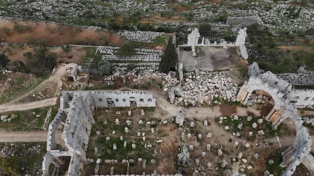 aerial drone revealing the historic St. Simons church ruins in Syria, showcasing the intricate architectural heritage of the Byzantine era