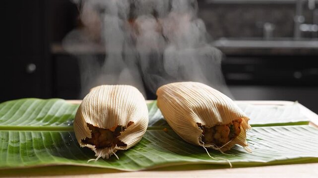 Steaming hot tamales on a banana leaf.