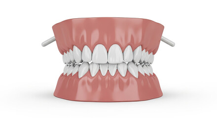 A detailed illustration of a set of human teeth with dental braces