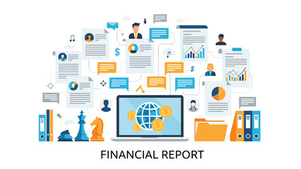 Comprehensive financial report infographic displays various business charts, documents, folders, and icons surrounding a laptop computer.