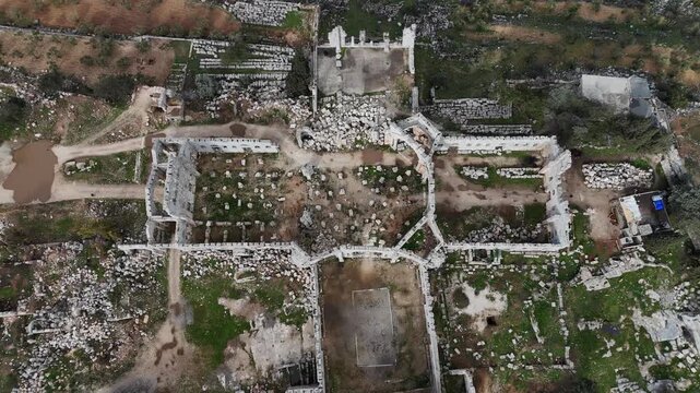 aerial top down of St. Simons 5th Century Byzantine Church Ruins in Syria