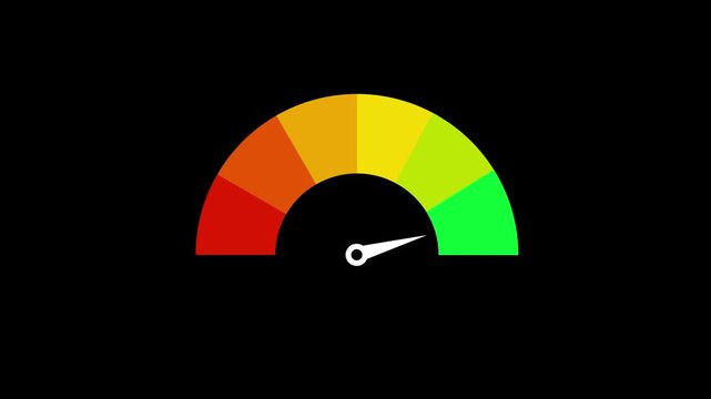 Meter gauge level indicator isolated on black background. Colorful Speedometer or Tachometer Motion Progress on a transparent background alpha channel at zero credit score rating scale animation 4k..