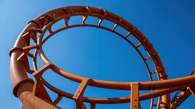 &ldquo;rusty orange roller coaster loop against bright blue sky showcasing industrial structure and engineering design&rdquo;