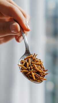 Spoon with roasted edible meal worms ready to eat