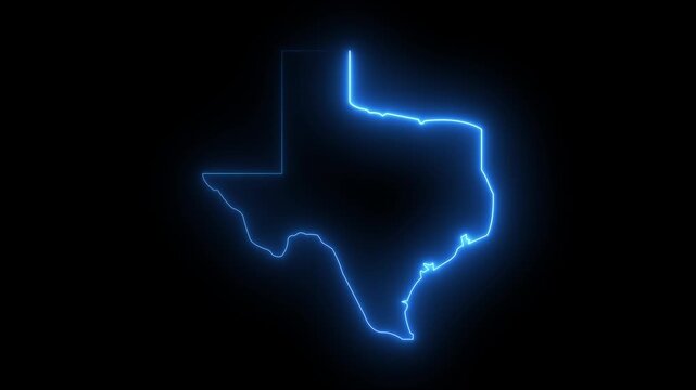 Glowing neon Texas map icon animation with blue color. black background. motion graphics. of concept. 4k video animation