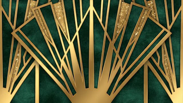 Elegant Emerald Green and Gold Art Deco Patterned Background with Subtle Sparkle Animation Ideal for Luxury Branding and Elegant Presentations