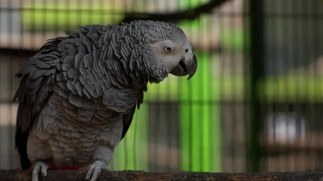 African grey parrot perched on wooden branch inside aviary cage with blurred green background, slow motion