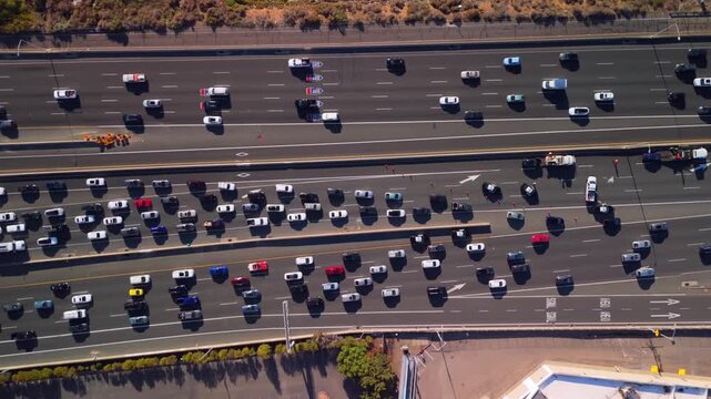 Top down aerial view of traffic diversion on Interstate 880 northbound due to car crash, Oakland, California