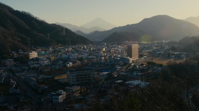 Traditional Japanese cityscape with Mount Fuji in the background.