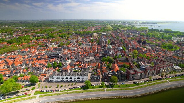 Aerial drone view of Hoorn historic city center in Netherlands