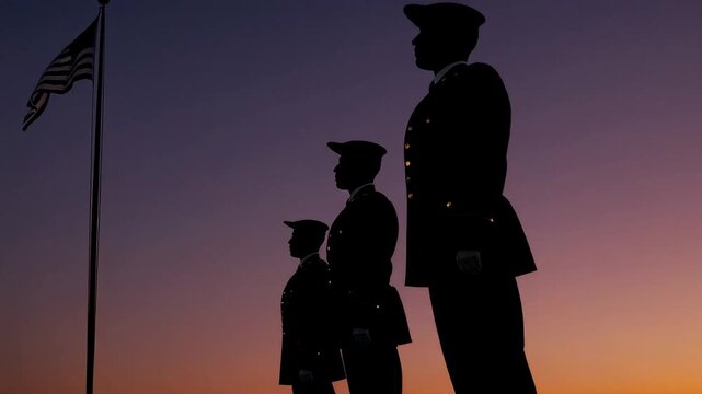 Military personnel standing at attention, silhouetted against vibrant sunset sky, american flag softly waving, symbolizing national pride and remembrance of service members' dedication