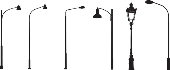 Collection of various street lamp posts in silhouette