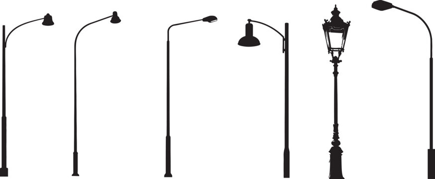 Collection of various street lamp posts in silhouette