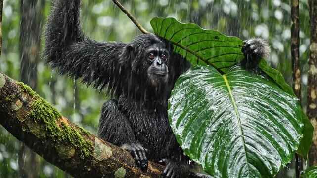 Chimpanzee using leaf as umbrella in tropical rainforest rain