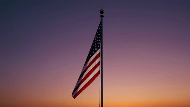 Majestic american flag waving gently against warm sunset hues, symbolizing national pride, honoring military service members, and reflecting profound patriotic sentiments