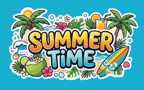 Summer Time Tropical Beach Illustration with Palm Trees, Surfboard and Coconut Drink