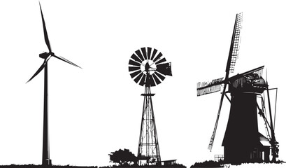 Silhouettes of modern wind turbine, farm windmill, and historic windmill © Annamorphosis