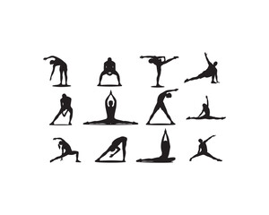 Obraz premium Silhouettes of people performing various yoga and stretching poses demonstrating flexibility and balance on a white background
