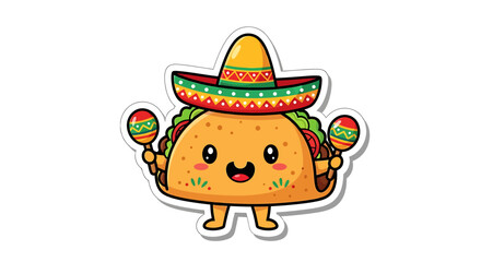 Fototapeta premium Cartoon taco character in sombrero smiling.
