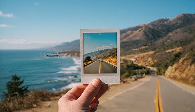 Hand holding instant photo of scenic road with ocean and mountains