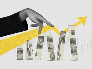 Collage of financial forecasting success with dollars and growth trends.