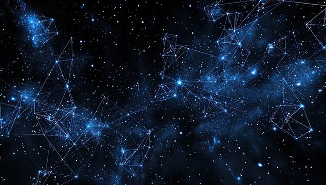 Abstract digital network of glowing points in deep space with nebula