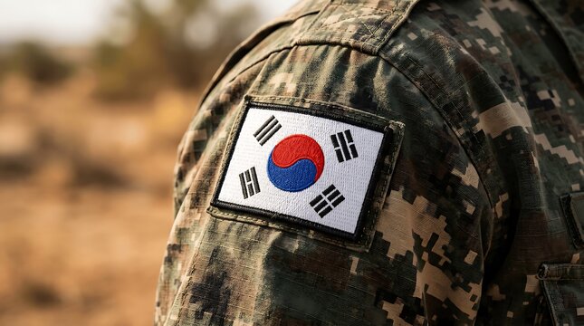 A close-up of a South Korean military uniform with the national flag patch