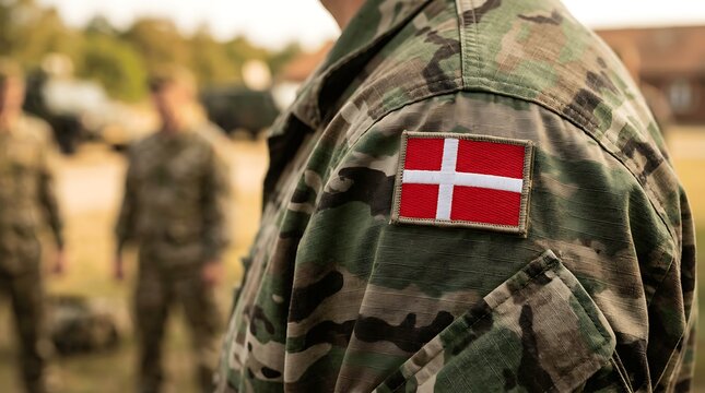 A Danish soldier wearing a camouflage uniform with the Danish flag patch