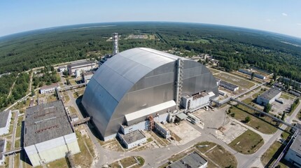 Aerial view of chernobyl new safe confinement protecting reactor, pripyat, ukraine with surrounding forest landscape on a clear day