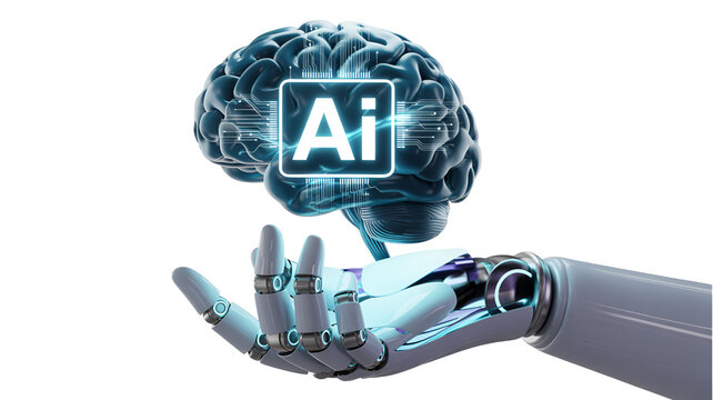 Robotic hand holding glowing blue brain with ai logo futuristic technology concept artificial intelligence innovation metallic limb holographic display isolated on transpaent white background png