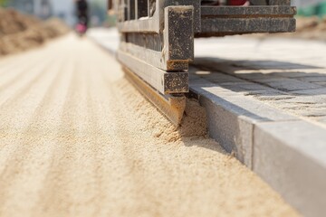 Heavy machinery spreading fine sand for pavement construction on a sunny day