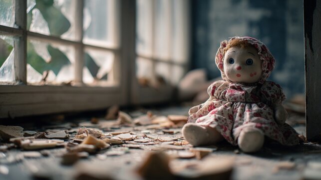 soliloquy. A damaged doll lies abandoned in a room corner, surrounded by broken pieces under soft natural light. wellbeing guides.