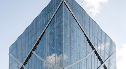 Tall blue glass skyscraper with geometric reflective windows and steel supports