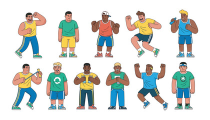 Fototapeta premium Group of men exercising, drinking water, and working out together flat vector illustration
