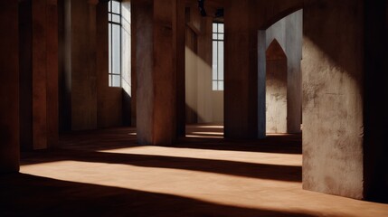 Fototapeta premium Empty Architectural Interior with Sunlight Streaming Through Tall Windows and Dramatic Shadows
