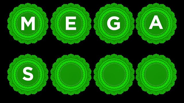 Mega Sale White Letter Reveal Animation Inside Luxury Green Circular Frame, Elegant Promotional Typography Appearing One Letter at a Time on Premium Green Background, Modern Retail Discount Marketing 