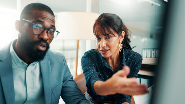 Advice, planning and business people in office with computer, finance or investment for project. Problem solving, discussion and financial manager with employee for career development or payroll help