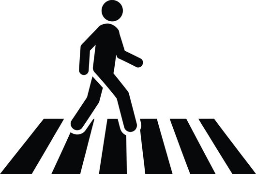 Pedestrian crossing icon with silhouette walking on zebra stripes