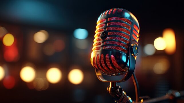 Vintage microphone on stage with bokeh background