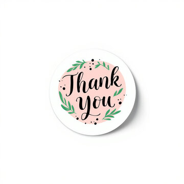 Pink Thank You Sticker with Green Floral Wreath and Black Script